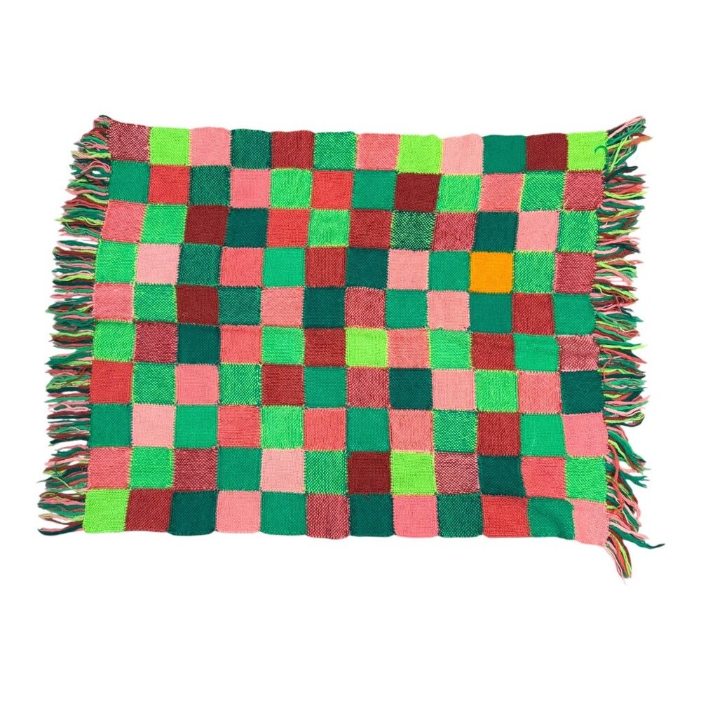Vintage Handwoven Wheelchair Checkered Wool Throw Blanket Patchwork Fringe READ